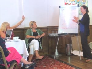 woman with hand up two more women and a flip chart